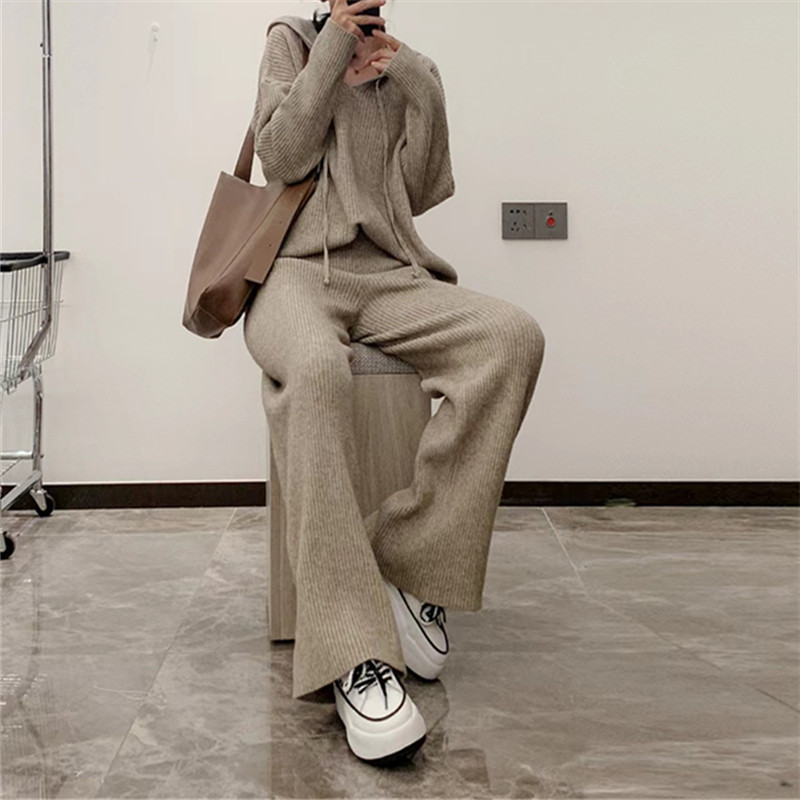 Fashionable Knitted Suit Fall Winter Hooded Loose Casual Sweater Wide Leg Pants Two-piece Set
