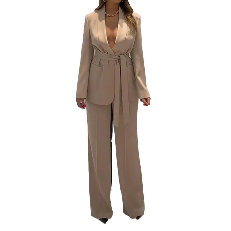 Deep V-neck Lace-up Waist-tight Sexy Slimming Temperament Long Sleeve Suit