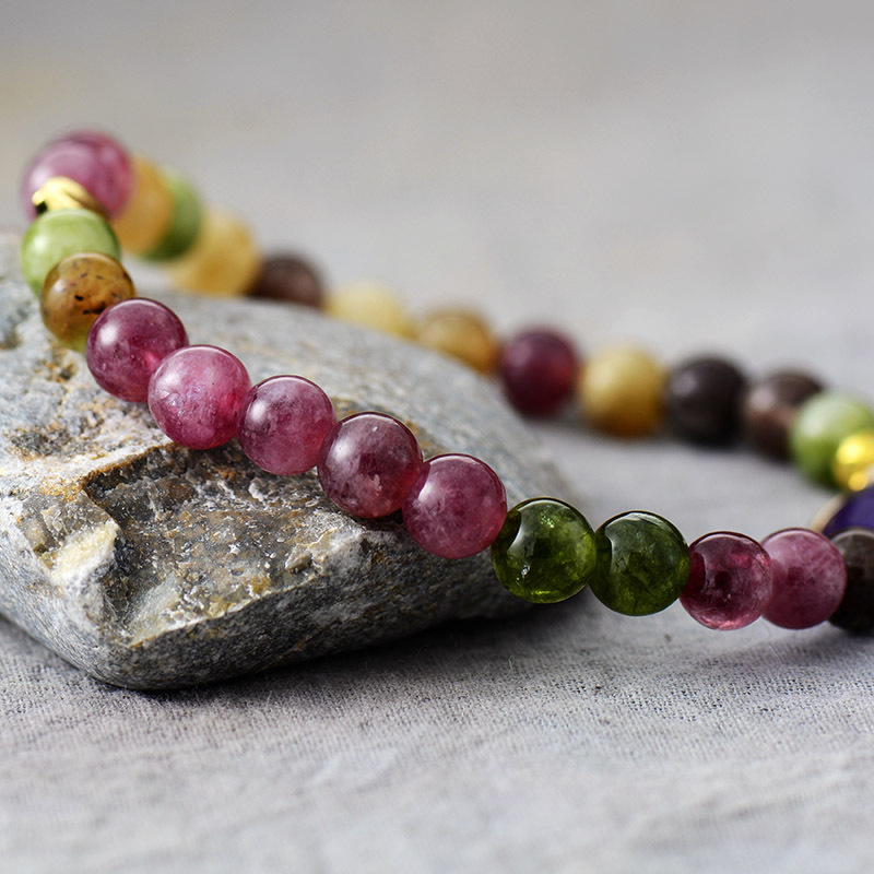 Natural Stone Amethyst Tourmaline Crystal Handmade Elastic Beaded Bracelet Jewelry