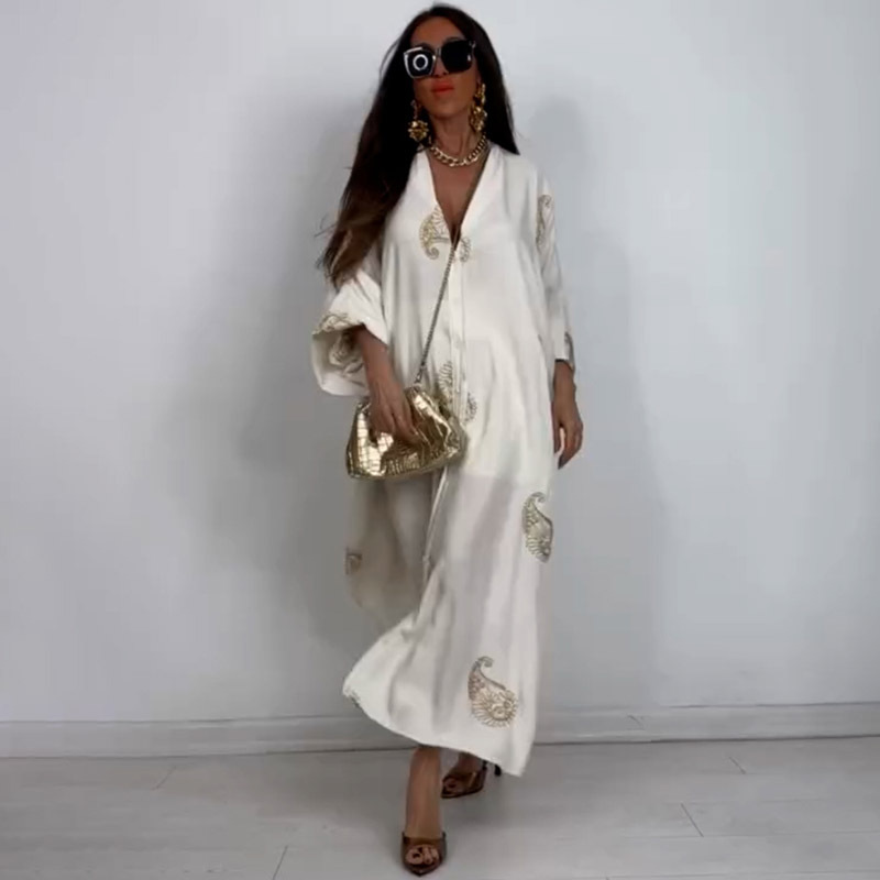 Personality V-neck Cardigan Robe Long Sleeve Dress