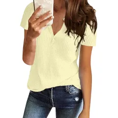 Women's Shirt V-neck Fashion Short Sleeve - Light Yellow - View 1