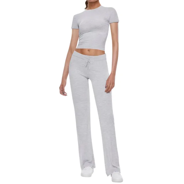 American Basic Casual Solid Color T shirt Casual Pants Suit Light Gray - Shop at LoveMi