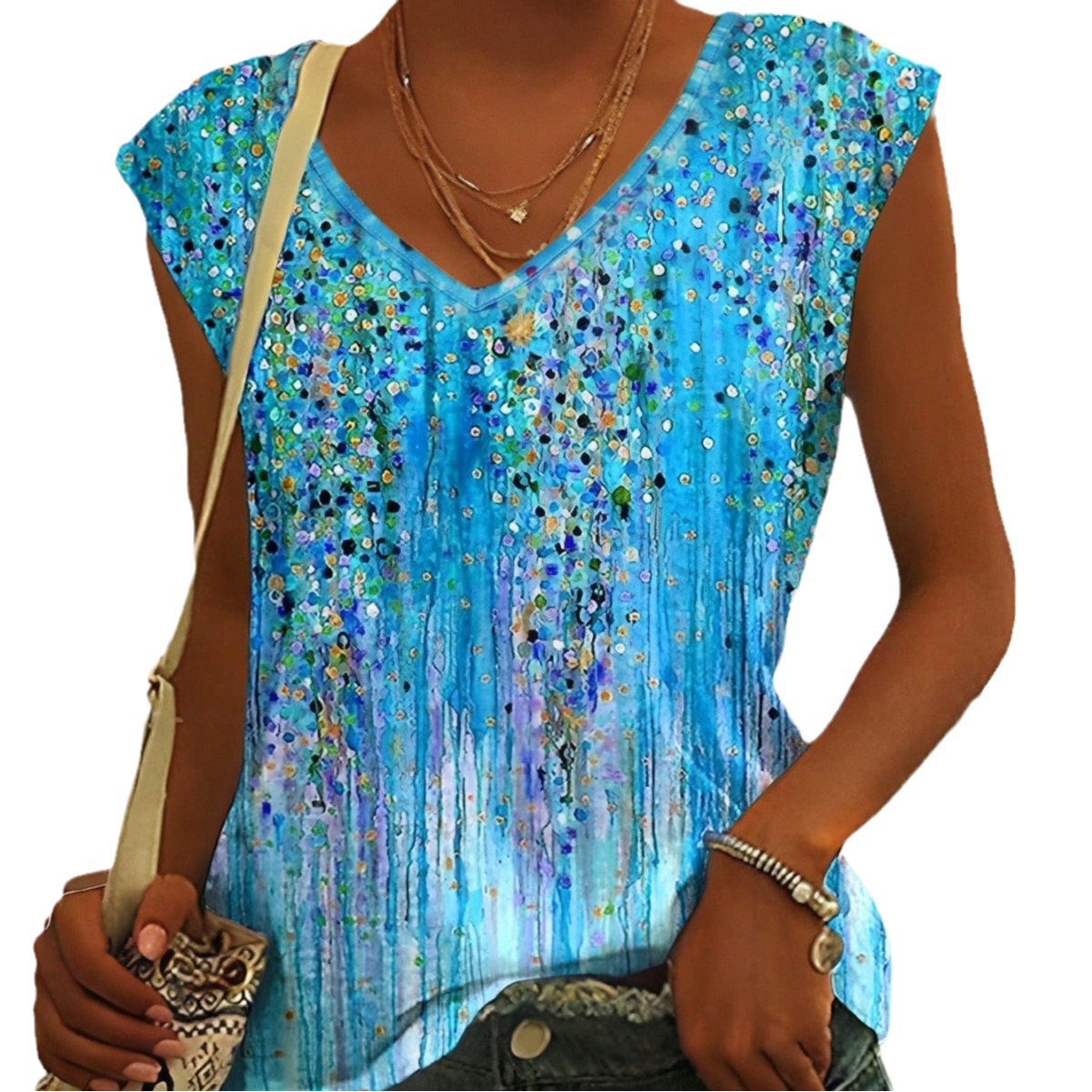 V-neck Top Casual All-matching Sleeveless Printed Vest