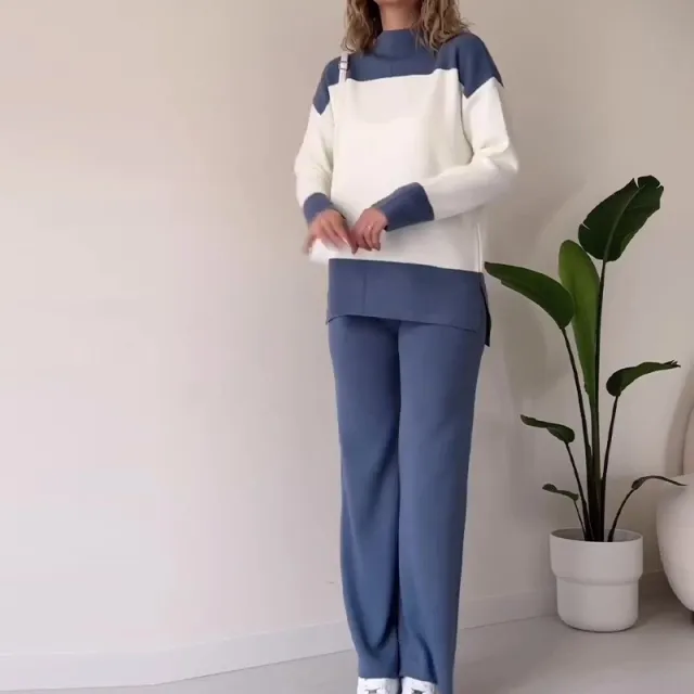 European And American Fashion Color Matching Top Loose All match Wide Leg Pants Suit Women Blue - Shop at LoveMi