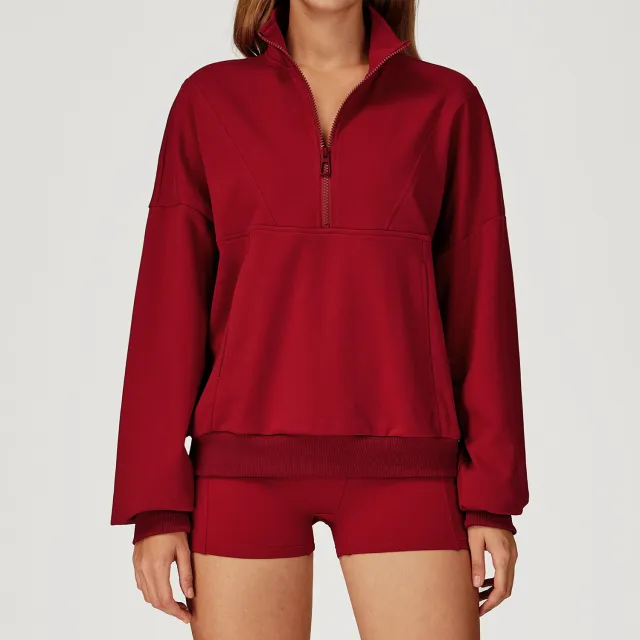 Casual Sweatshirt Zipper Windproof Warm All matching Loose Sportswear Purplish Red - Shop at LoveMi