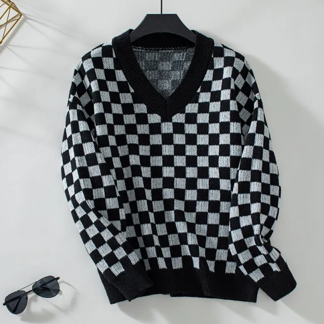 V neck Sweater Loose Pullover Chessboard Plaid Color Matching Sweater Black - Shop at LoveMi