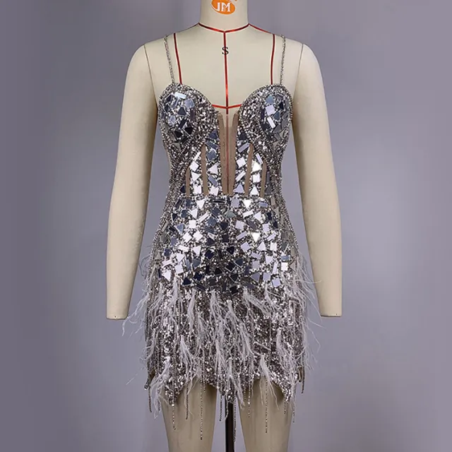 Female Summer Sequins Feather Tassel Backless Dress Silver - Shop at LoveMi