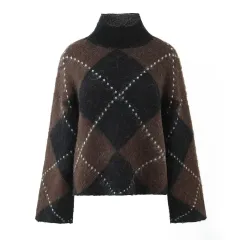 Turtleneck Pullover Loose Knit Sweater Skirt Suit - Top - View 1