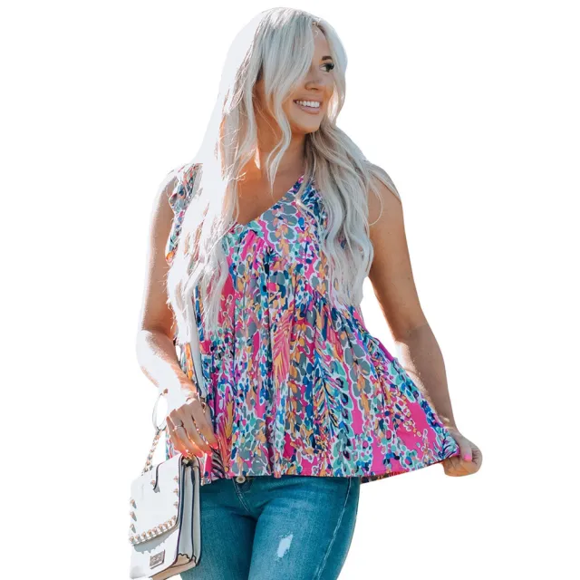 Summer New Floral Print Loose Sleeveless Top Women Pink - Shop at LoveMi