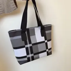 PU Shoulder Fashion Plaid Large Capacity Shopping Bag - Grey - View 1