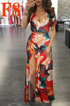 Printed Floral Dress Two-piece Suit For Women - Yellow - View 1