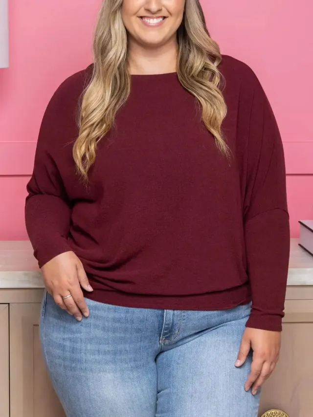 Plus Size Casual Solid Color Crew neck Batwing Sleeve High Elastic Sweater Dark Red - Shop at LoveMi
