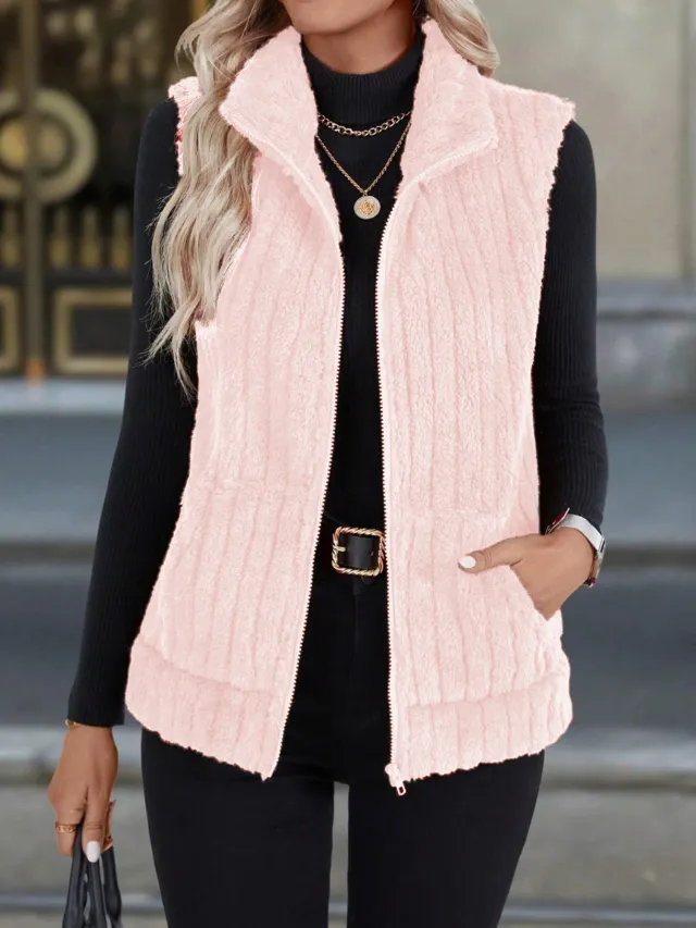 Women's Casual Versatile Lapel Zip Vest Top Pink - Shop at LoveMi