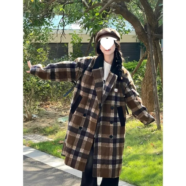 Women's Korean style Plaid Coffee Woolen Overcoat Coffee - Shop at LoveMi