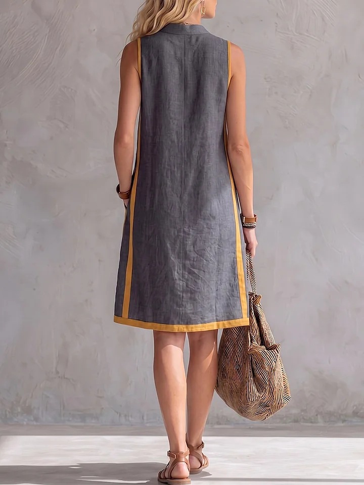 Women's button-front A-line midi dress in navy blue, full length view showing A-line silhouette