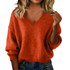 New Fashion Loose Solid Colour V-neck Sweater Women - Red - View 1