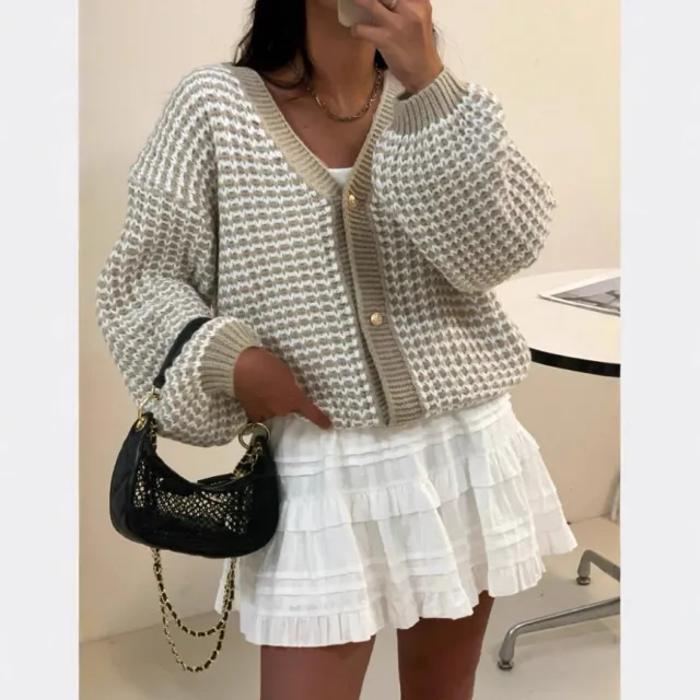 Snow Pattern Single breasted Loose Sweet Cardigan Khaki - Shop at LoveMi