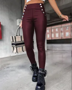 High Waist PU Leather Slim Fit Hip Raise Long Pants - Wine Red - View 1