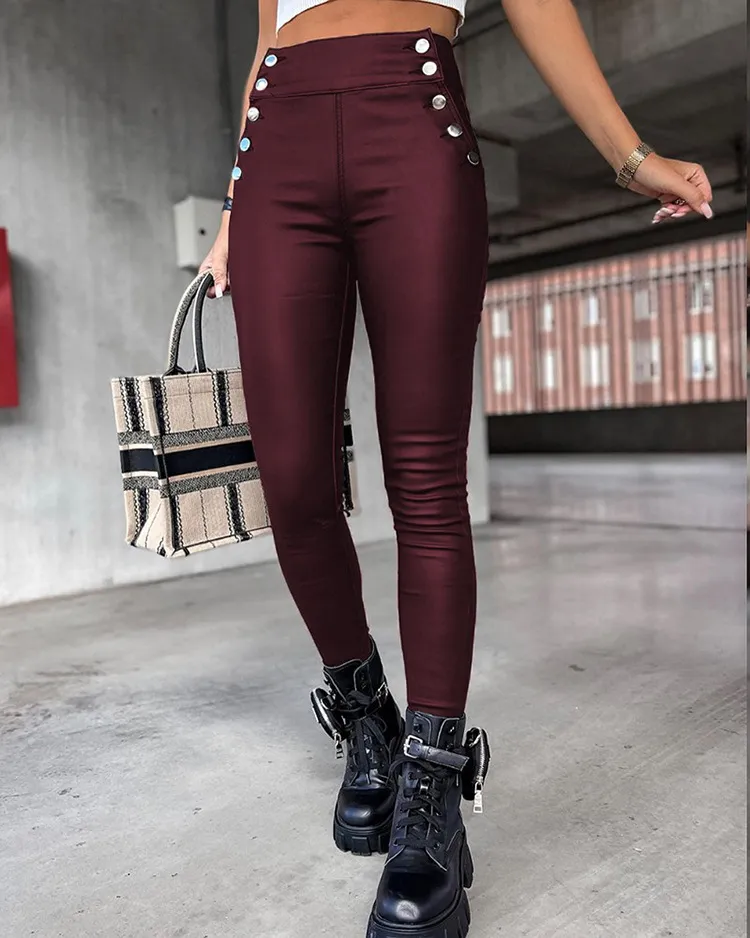 High Waist PU Leather Slim Fit Hip Raise Long Pants - Red
