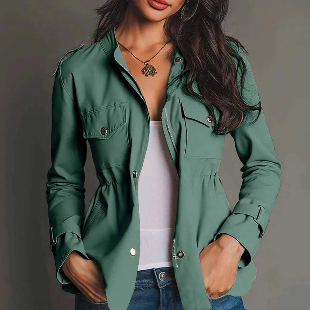 Long Sleeve Waist-tight Jacket Pocket Windbreaker Coat Women's Clothing - Army Green