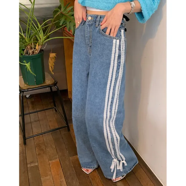 High Waist Lace Bow Stitching Loose Jeans Denim Blue - Shop at LoveMi
