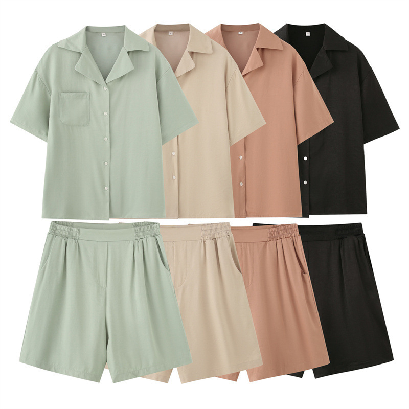 French Lapel Short Sleeve Shirt Outfit Loose Shorts Two-piece Set