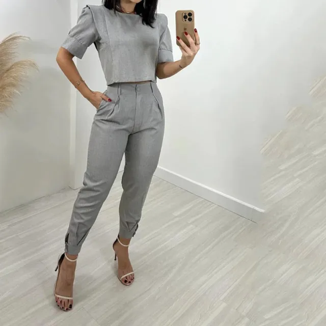 Short Sleeve Top And Trousers Casual Solid Color Two piece Set Gray - Shop at LoveMi