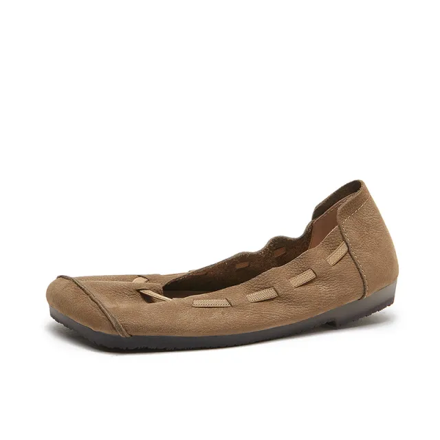 Low cut Authentic Leather Square Toe Elastic Band Leather Shoes Khaki - Shop at LoveMi