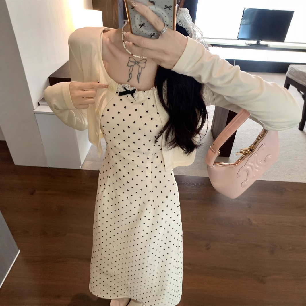 Korean-style Polka-Dot Slip Dress With Bow Detail - Image 1