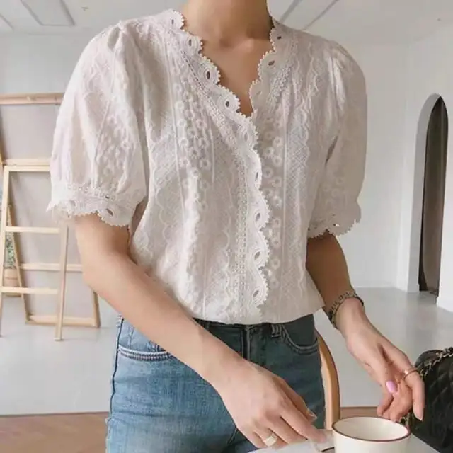Summer Sweet V neck Lace Puff Sleeve Shirt White - Shop at LoveMi