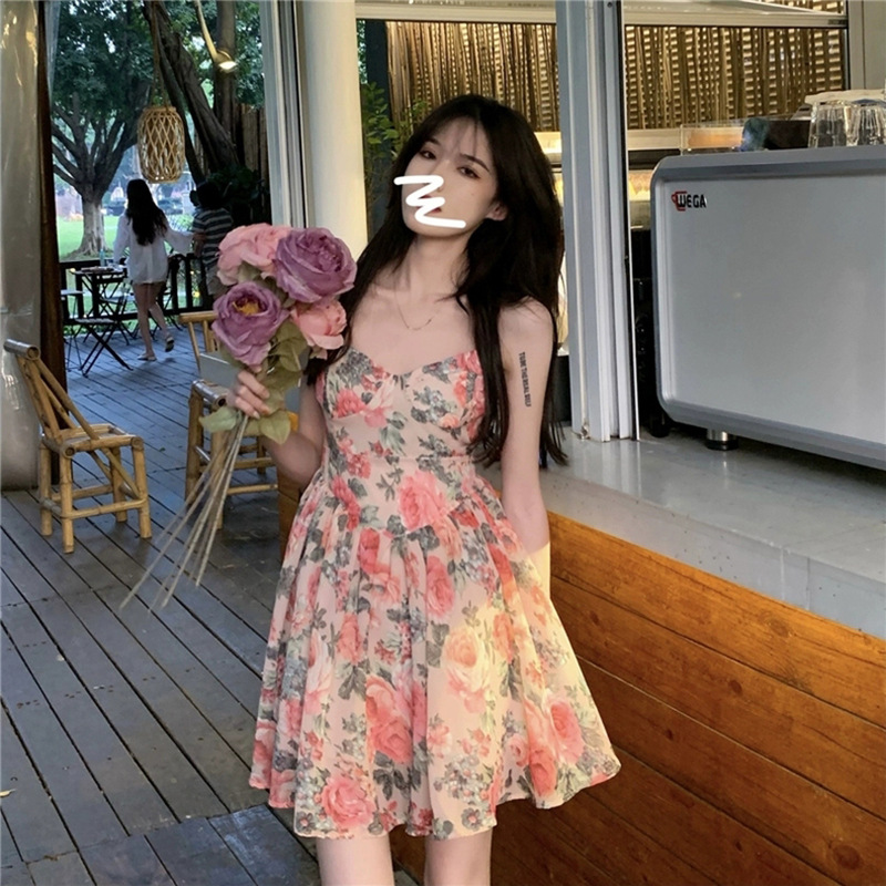 Women's High Waist Floral Slip Dress Backless