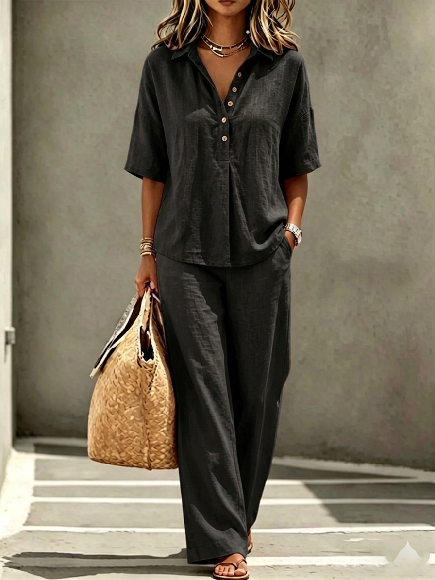 Women's button-up top and wide-leg pants in black – detail view