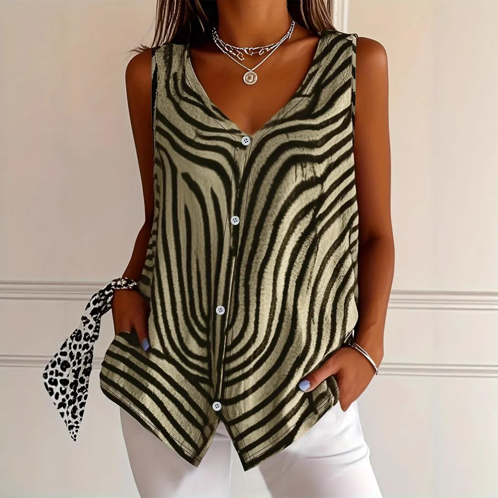Spring And Summer New Women's Printed Button Cardigan Vest - Yellow