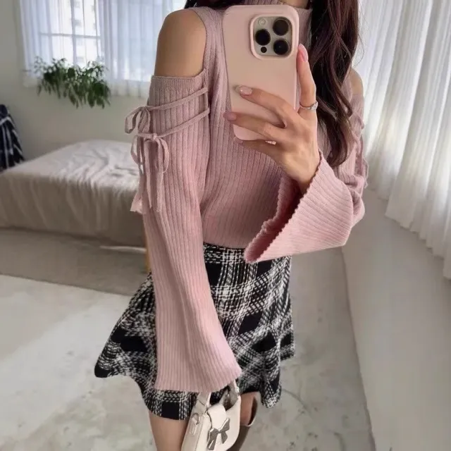 Lace up Turtleneck Off the shoulder Tie neck Flared Sleeves Sweater Pink - Shop at LoveMi