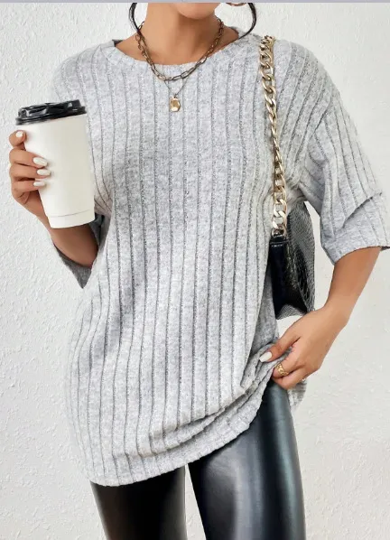 Women's Solid Color Ribbed Brushed Knit Loose Short Sleeve Top Gray - Shop at LoveMi