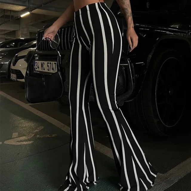 Striped Slightly Flared Black And White Contrast Casual Pants White - Shop at LoveMi