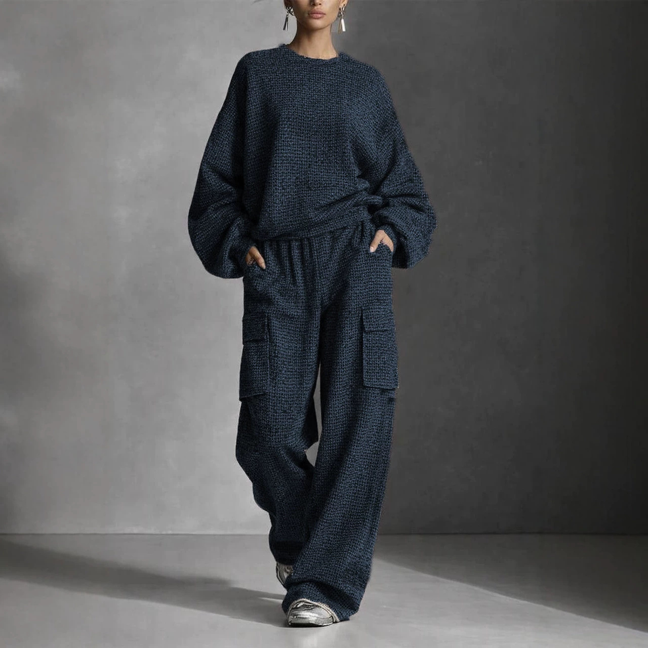 Loose-fitting Lantern-sleeve Top And Wide-leg Workwear Pants Set