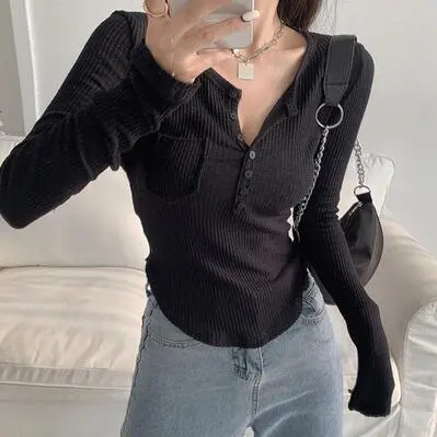 Button V neck Long sleeved T shirt Top Black - Shop at LoveMi