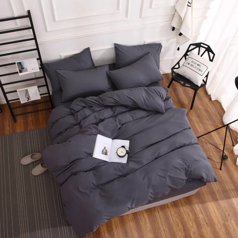 Solid Colour Bedding Quilt Cover Four-piece Set Three-piece Bed Sheet Set - Dark Grey