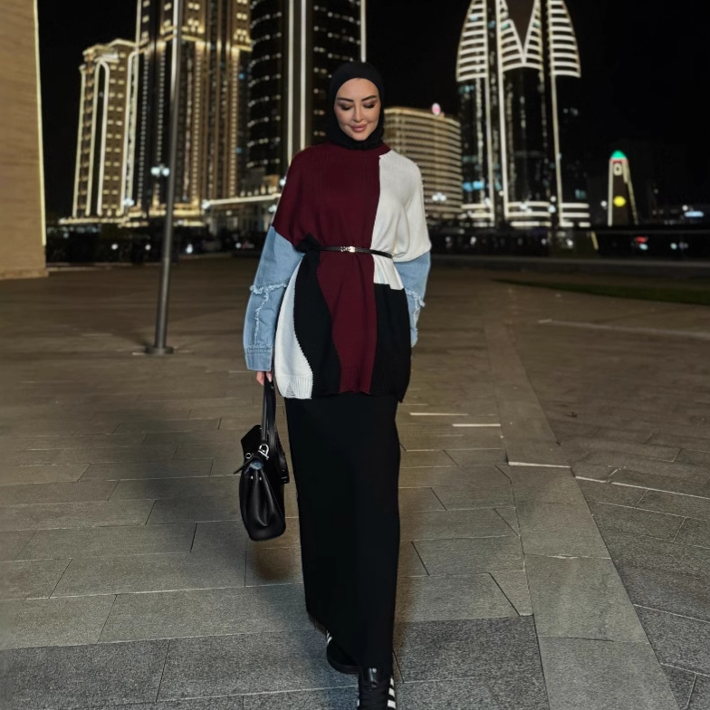 Patchwork Top Long Skirt Two-piece Set