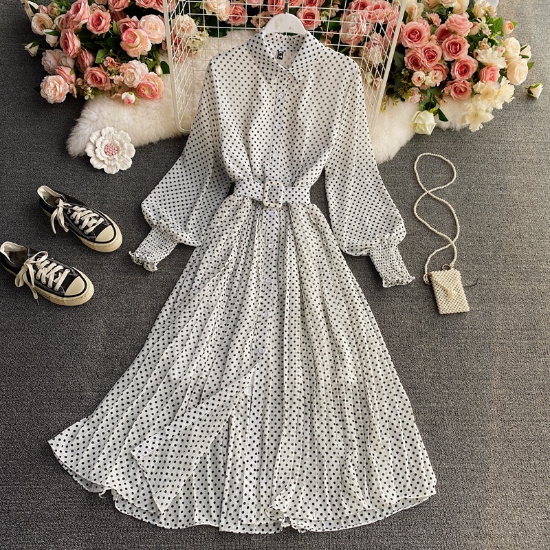Polka Dot Chiffon Shirt Collar Temperament Waist controlled Large Hem Pleated Long Skirt White - Shop at LoveMi