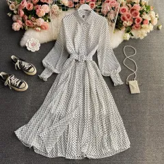 Polka Dot Chiffon Shirt Collar Temperament Waist-controlled Large Hem Pleated Long Skirt - White - View 1