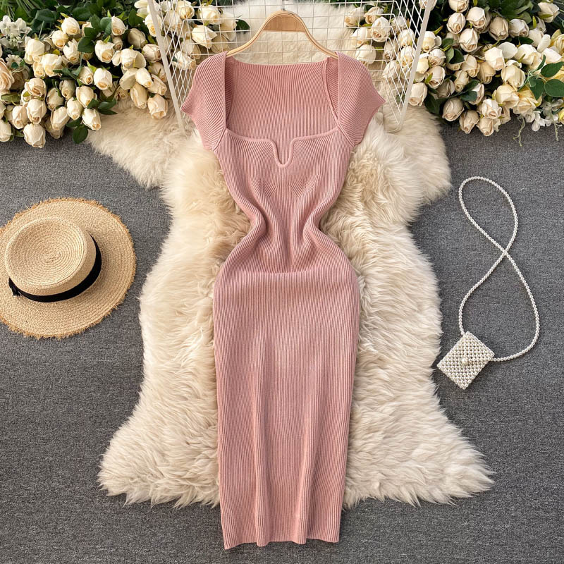 Low Collar Elastic Waist Hip Knitted Dress
