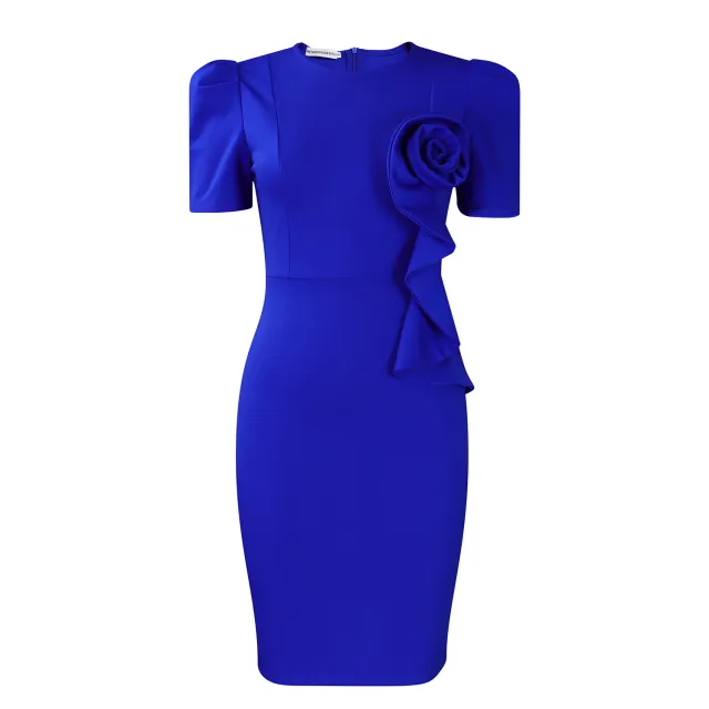 Fashion Elegant Body hugging Lace Hem Solid Color Short Sleeve Dress Blue - Shop at LoveMi