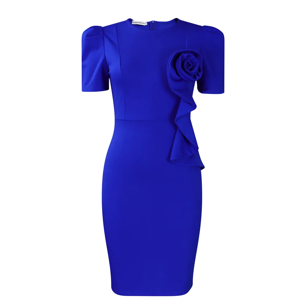 Fashion Elegant Body-hugging Lace Hem Solid Color Short Sleeve Dress - Blue