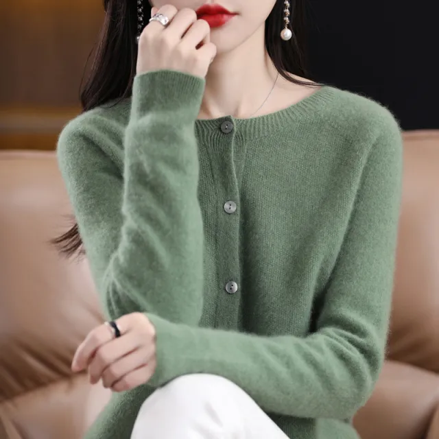Women's Cashmere Cardigan O neck Loose Sweaters Top Fashion Merino Wool Knitwear Autumn Winter Female Clothing Tops Green - Shop at LoveMi
