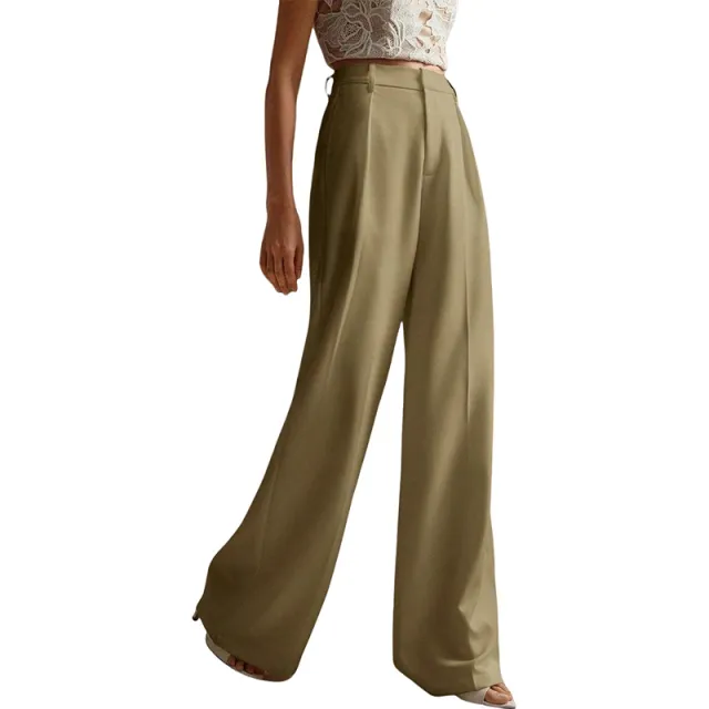 Casual Loose Straight Business Commute Wide Leg Pants Mustard Green - Shop at LoveMi