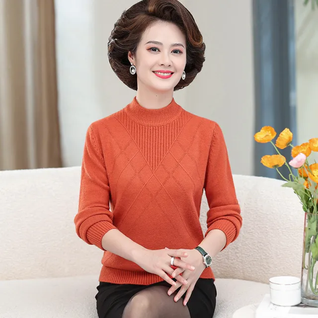 Mock Neck Sweater Mom's Fashionable Pullover Bottoming Shirt Orange - Shop at LoveMi