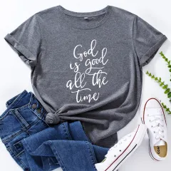 European And American Women's Clothing Cotton Loose Round Neck Letter Print Short Sleeve T-shirt - Dark Grey - View 1