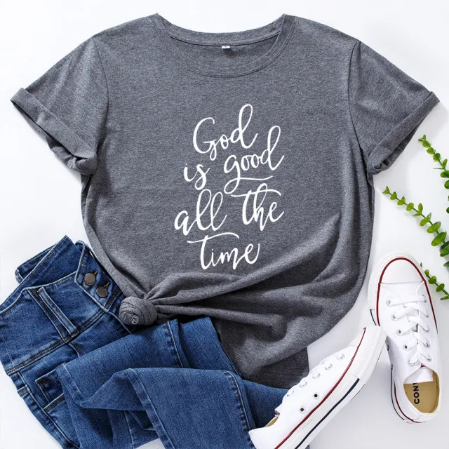 European And American Women's Clothing Cotton Loose Round Neck Letter Print Short Sleeve T shirt Dark Gray - Shop at LoveMi